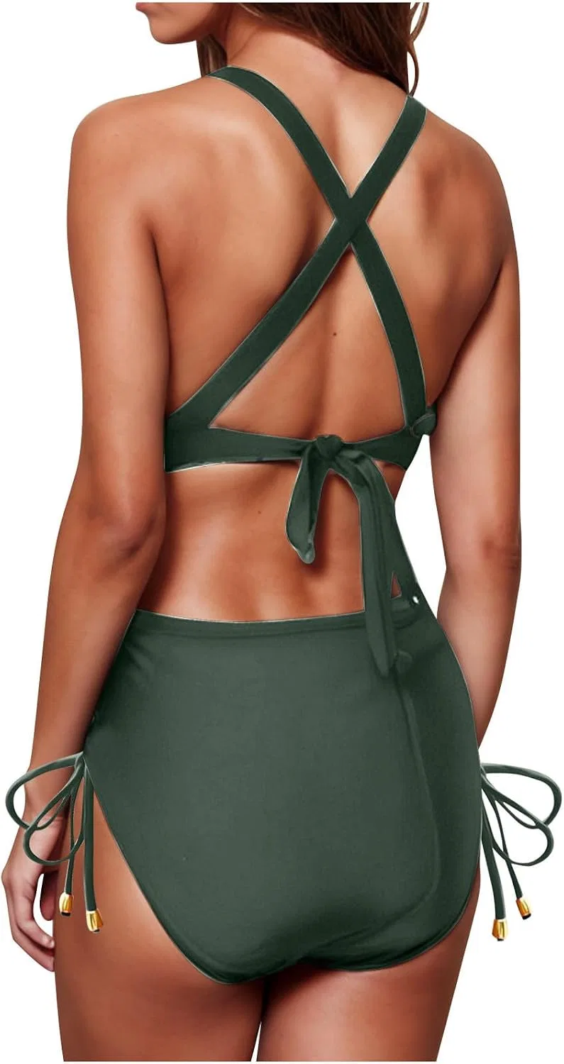 Женский бикини-комплект с завышенной талией и утяжкой живота, Army Green — фото 2