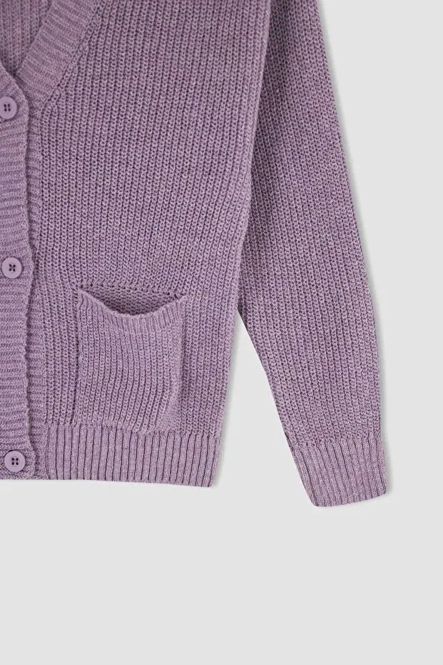 Детский кардиган для девочек с V-образным вырезом Defacto, Purple Pr194 — фото 3