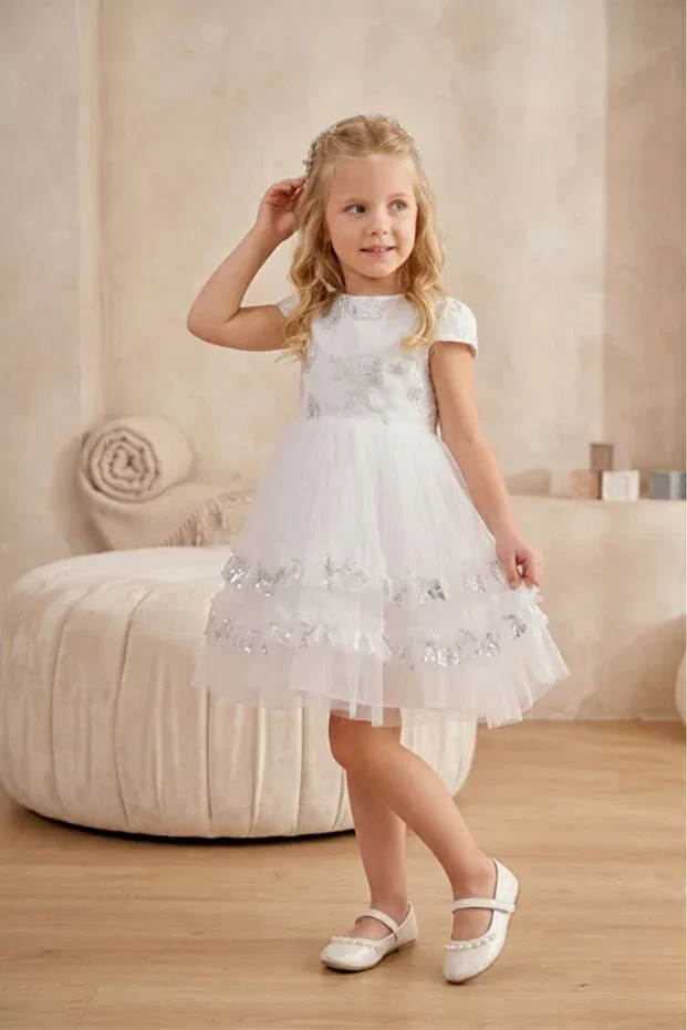 Детское платье для девочек с цветочным принтом Rose Patterned Skirt with Ruffles Eray Kids, White — фото 3
