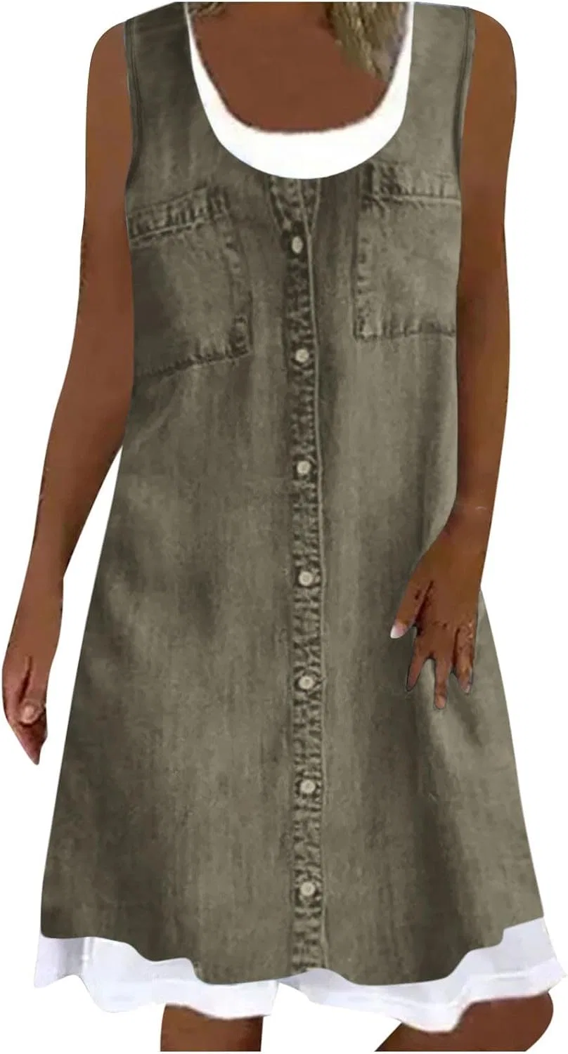 Женское летнее джинсовое платье без рукавов, Army Green