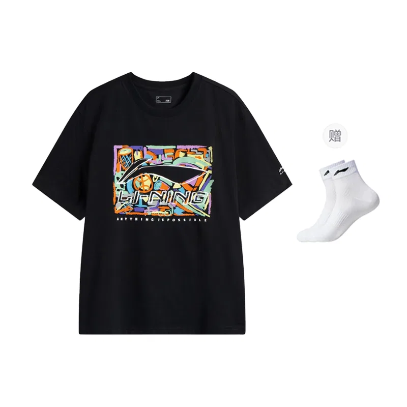 Футболка детская унисекс с круглым вырезом, умеренный прямой крой, Black Li-Ning Socks 1 Pack, Li-Ning