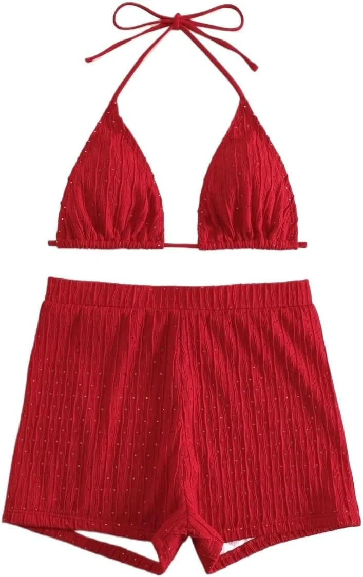 Женский бикини-сет с высокой талией, завязками на спине Halter, Red