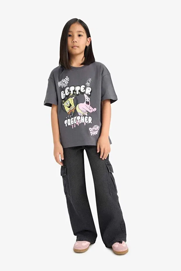 Детская футболка для девочек с принтом Spongebob oversize wide fit crew neck short sleeve t-shirt girl e6565a825hs Defacto, Anthracite-Ar148 — фото 2