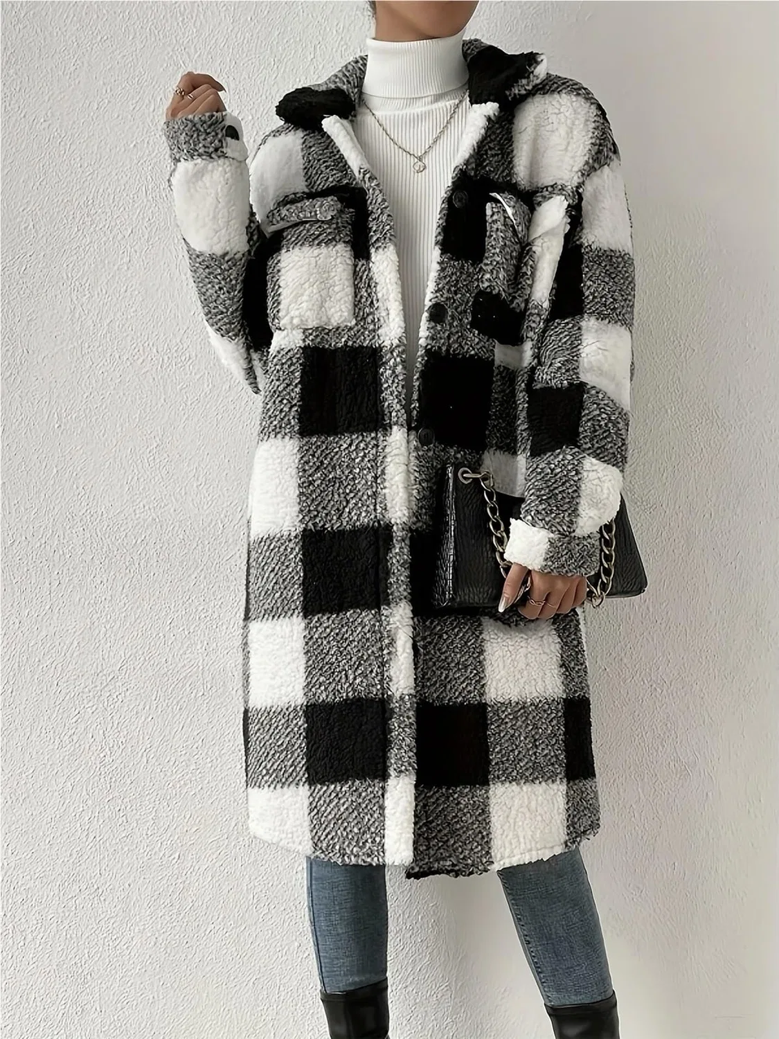 Женское пальто с принтом Camicia Giacca Lunga Donna Quadri Pile Morbido Bottoni Colletto, Beige — фото 4