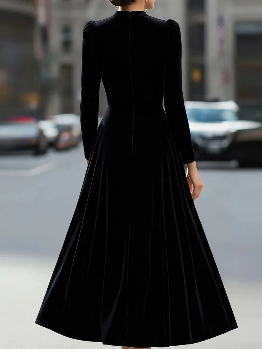 Женское бархатное платье миди облегающее с длинным рукавом, Black — фото 3