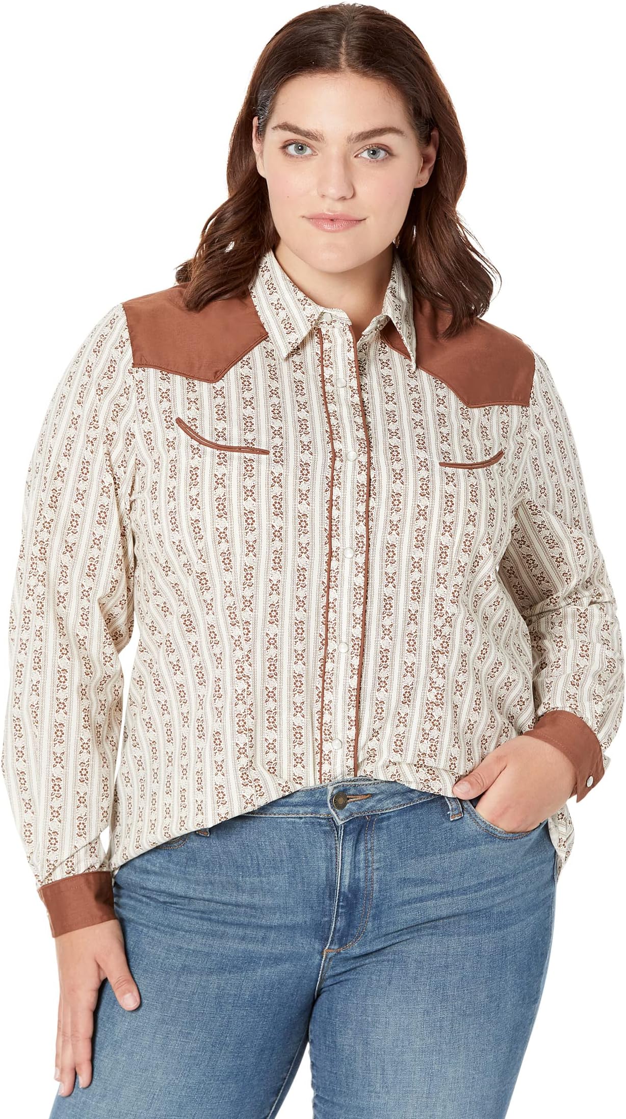

Блуза Roper Plus Size Retro Contrast Fancy Yoke Cream & Brown Wallpaper Western Blouse, коричневый