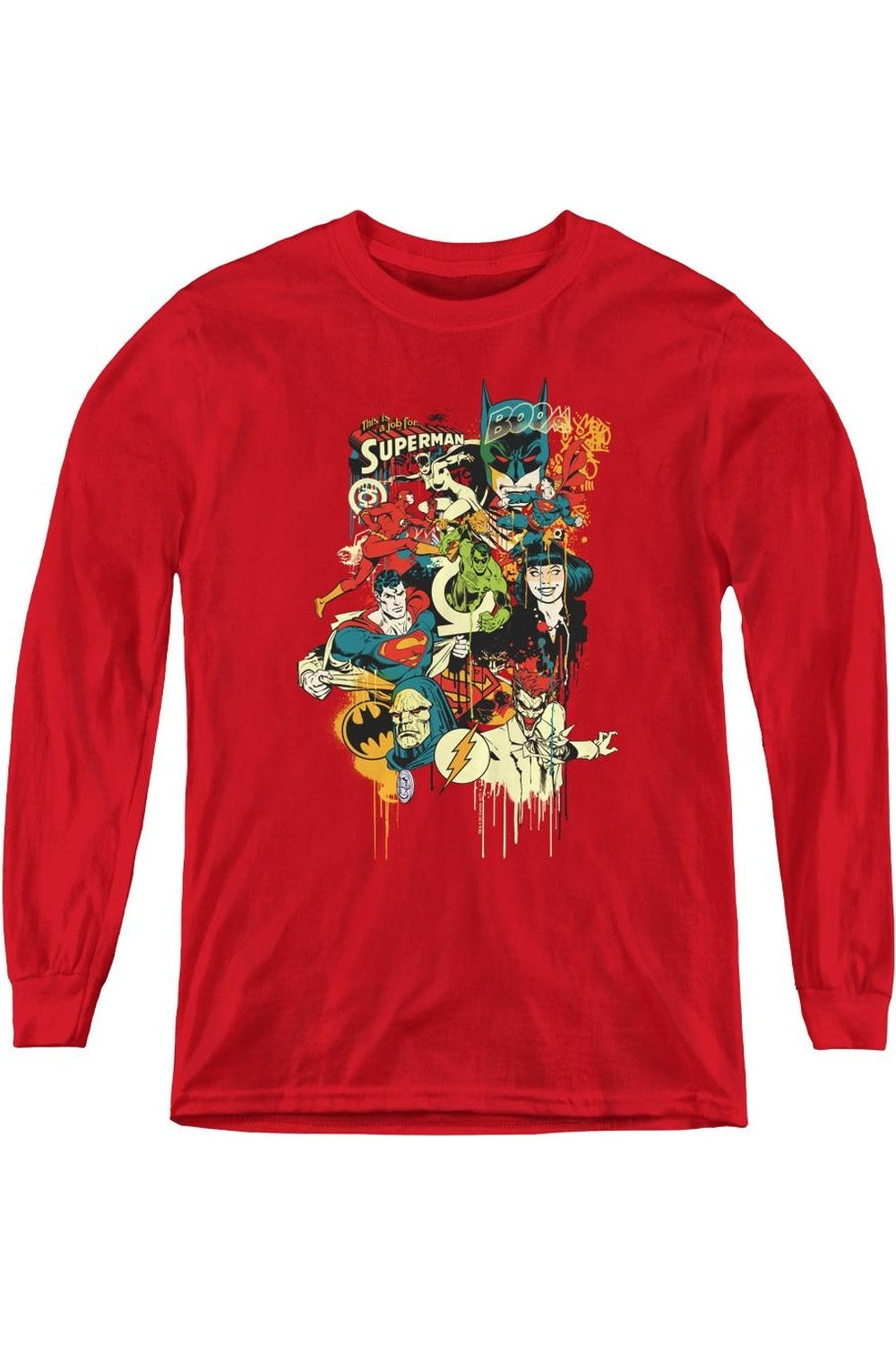 

Молодежная футболка с длинным рукавом DC Comics Dripping Characters Gildan, красный