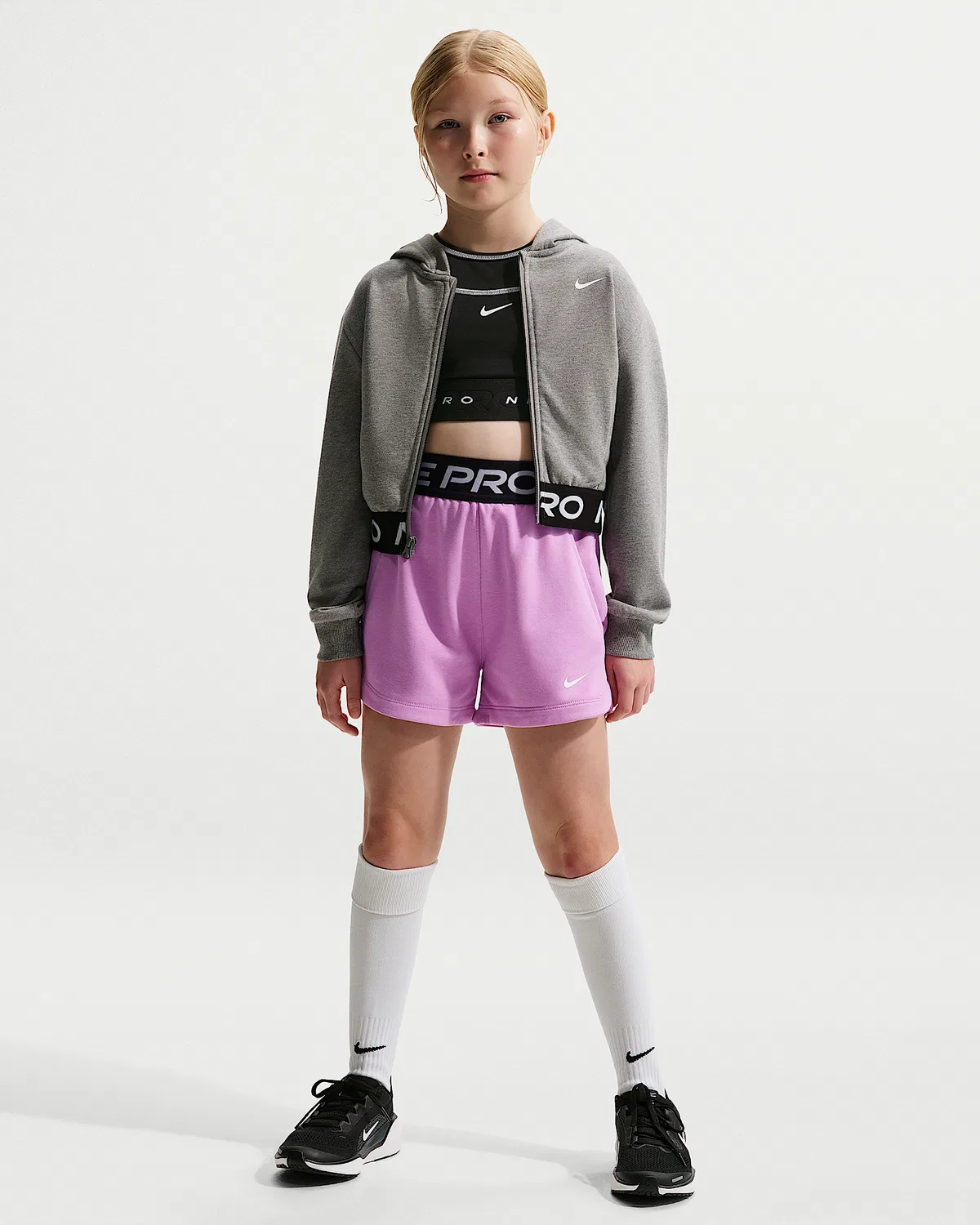 Детские шорты Nike Pro Fleece Dri-FIT для девочек, Light Magenta/Light Magenta/Black/White