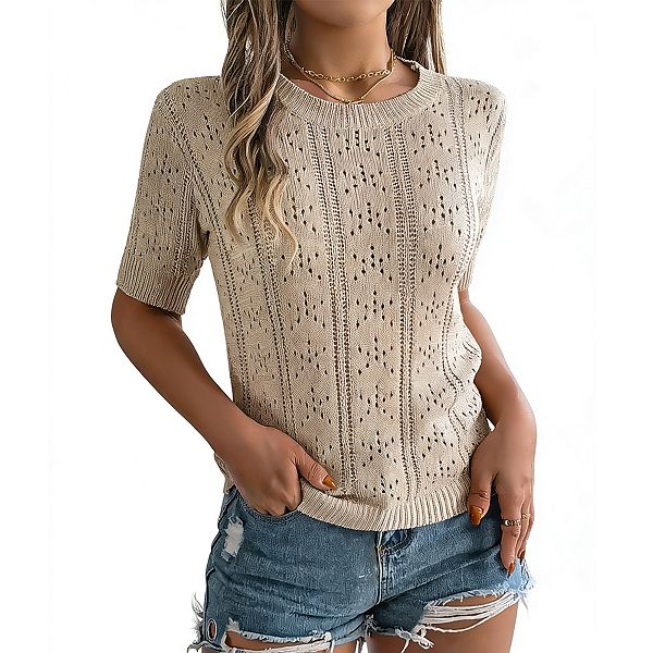 

Женский свитер с коротким рукавом и ажурной вязкой Clearflower, Khaki