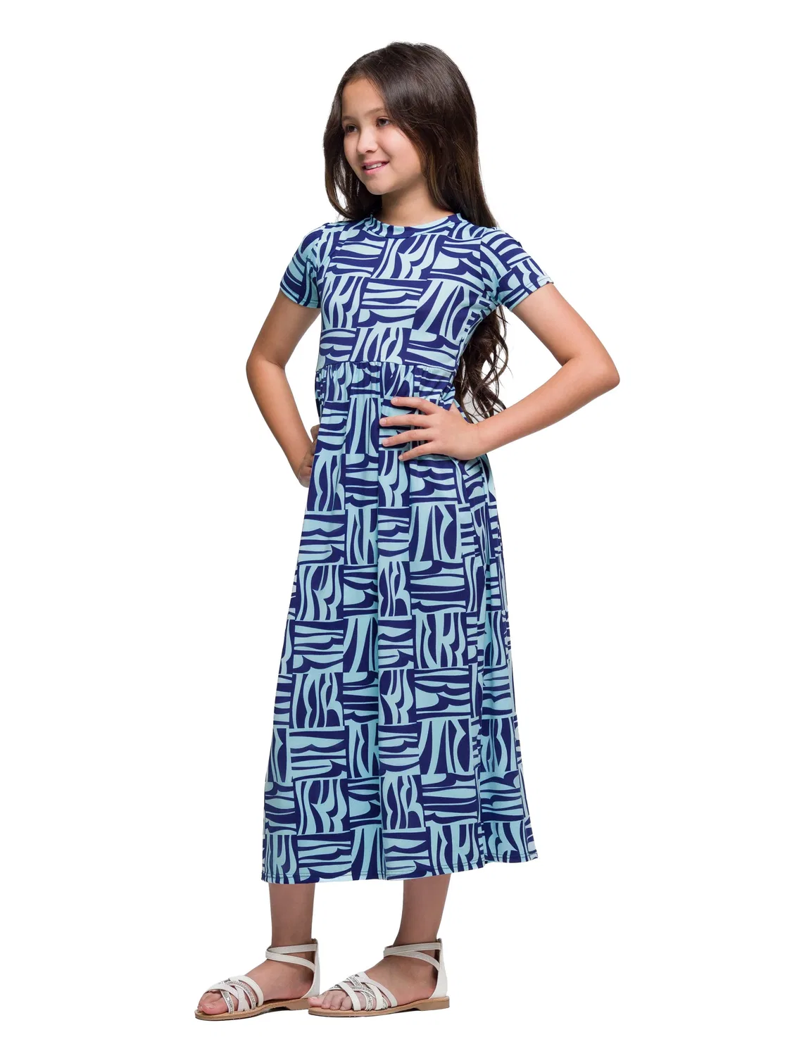 24seven Comfort Apparel 24sevenkid Девочки, короткое платье-макси с рукавами, синее, с геометрическим принтом — фото 2