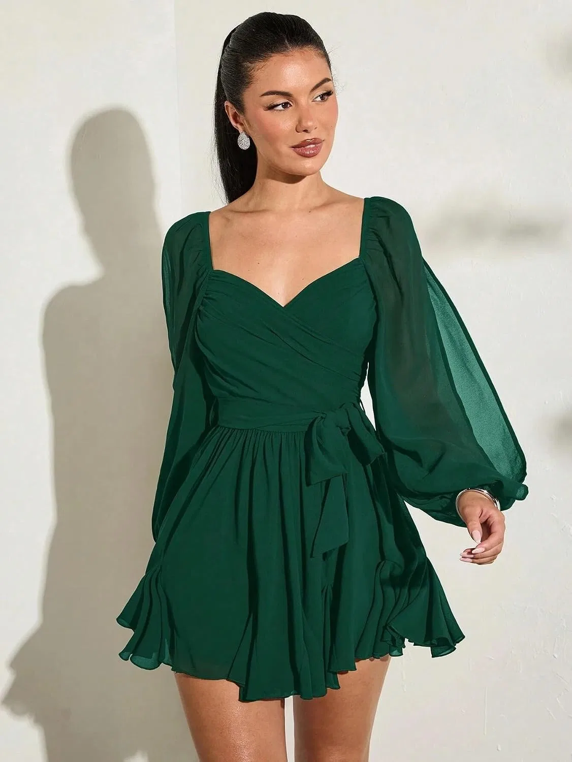 Женское повседневное платье-запах с бантом Womens Casual Wrap Mini Dress, Dark Green — фото 3