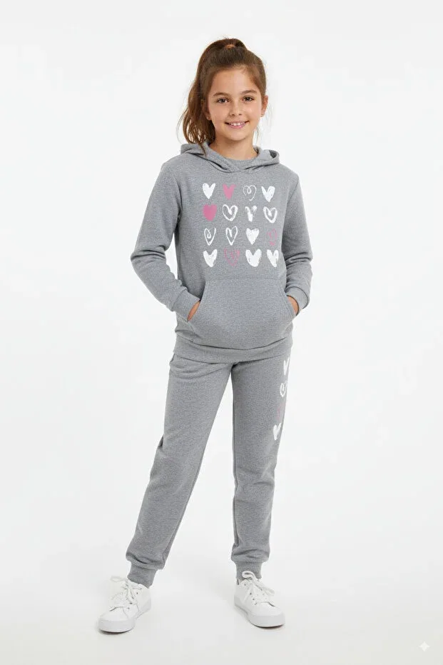 Детский комплект свитшота и брюк для девочек с принтом Kangaroo Pocket Hooded Heart Panios Kids, Gray