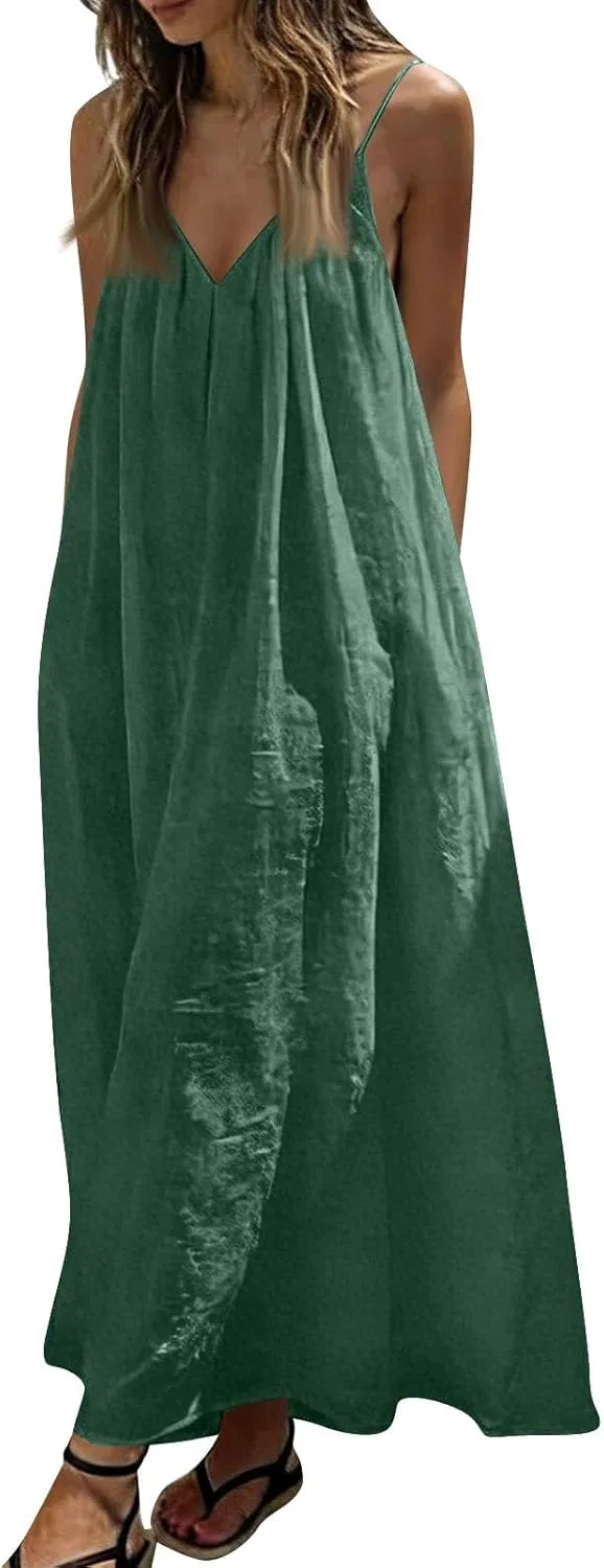 Женское повседневное платье макси на бретелях с открытой спиной, Dark Green — фото 4