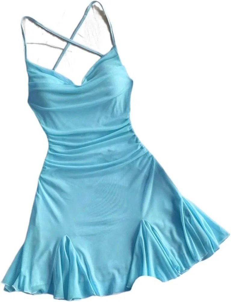 Женское мини-платье на бретельках с открытой спиной, Blue — фото 4