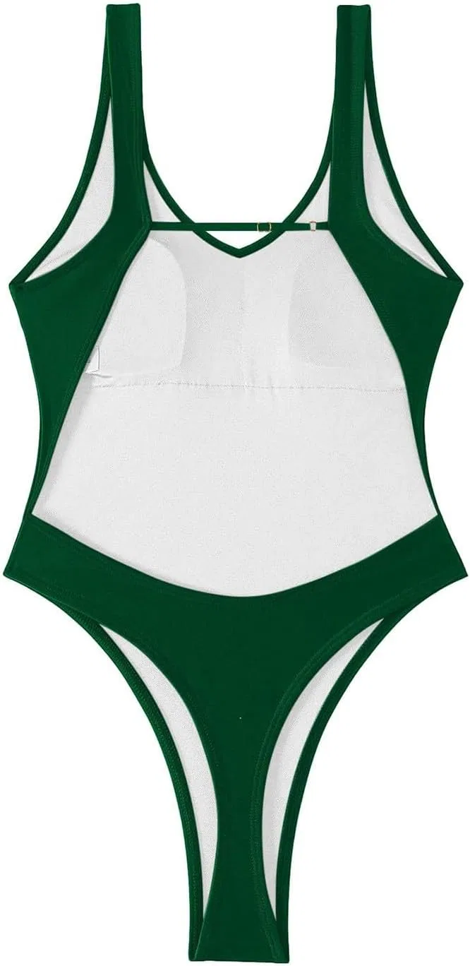 Женский цельный купальник с V-образным вырезом Seamless, Dark Green — фото 2
