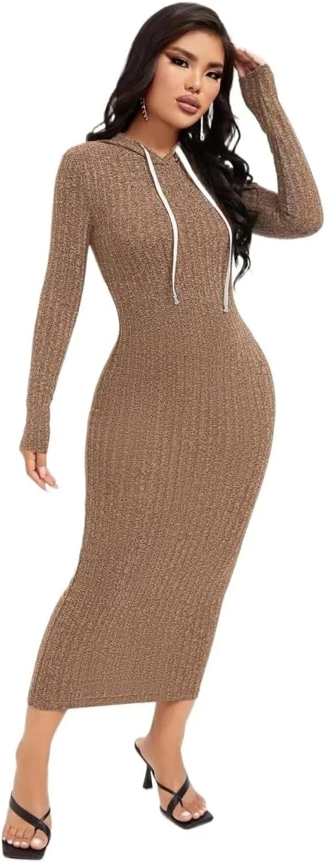 Женское платье с капюшоном Rib-Knit, Mocha Brown