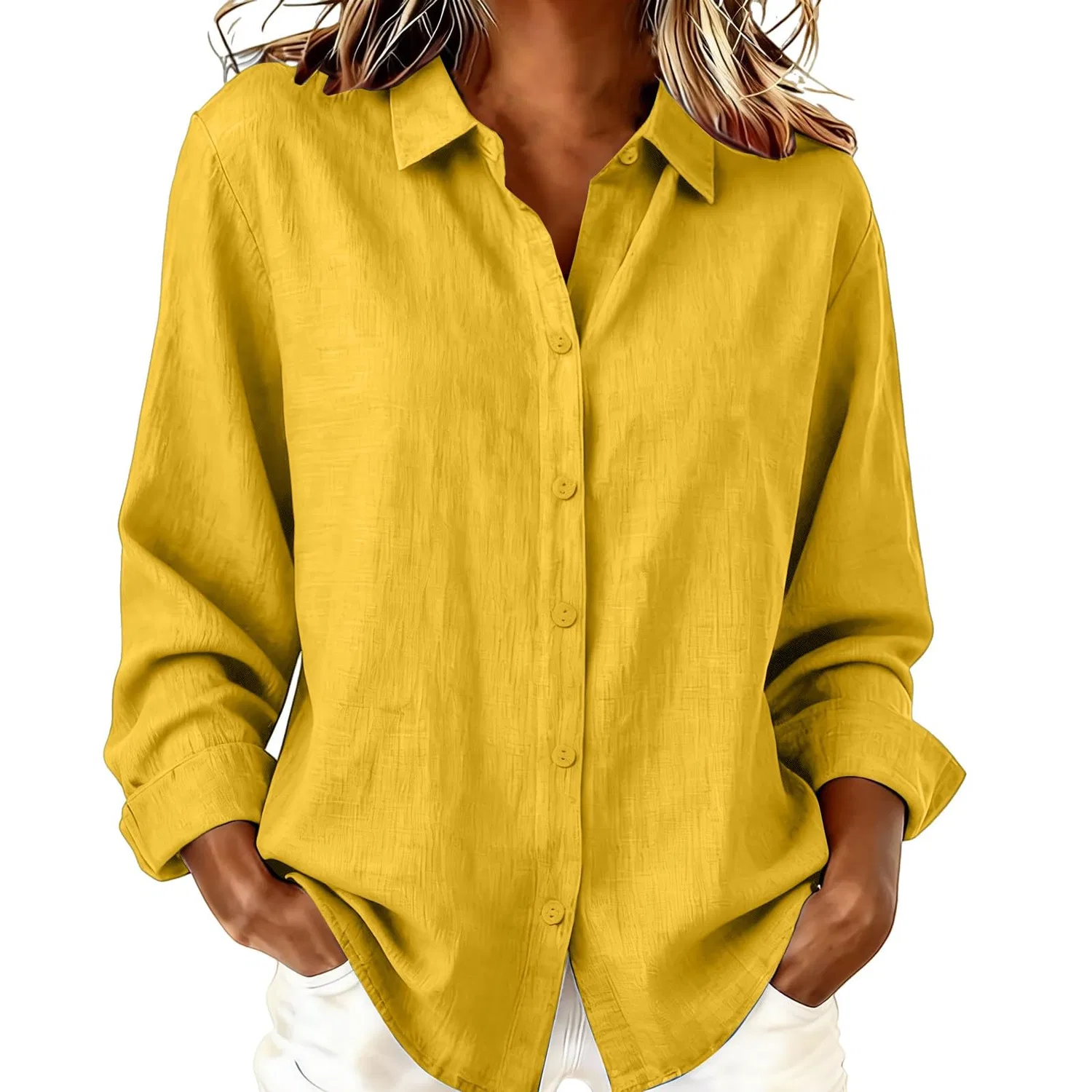 Женская льняная рубашка оверсайз с длинным рукавом, Yellow