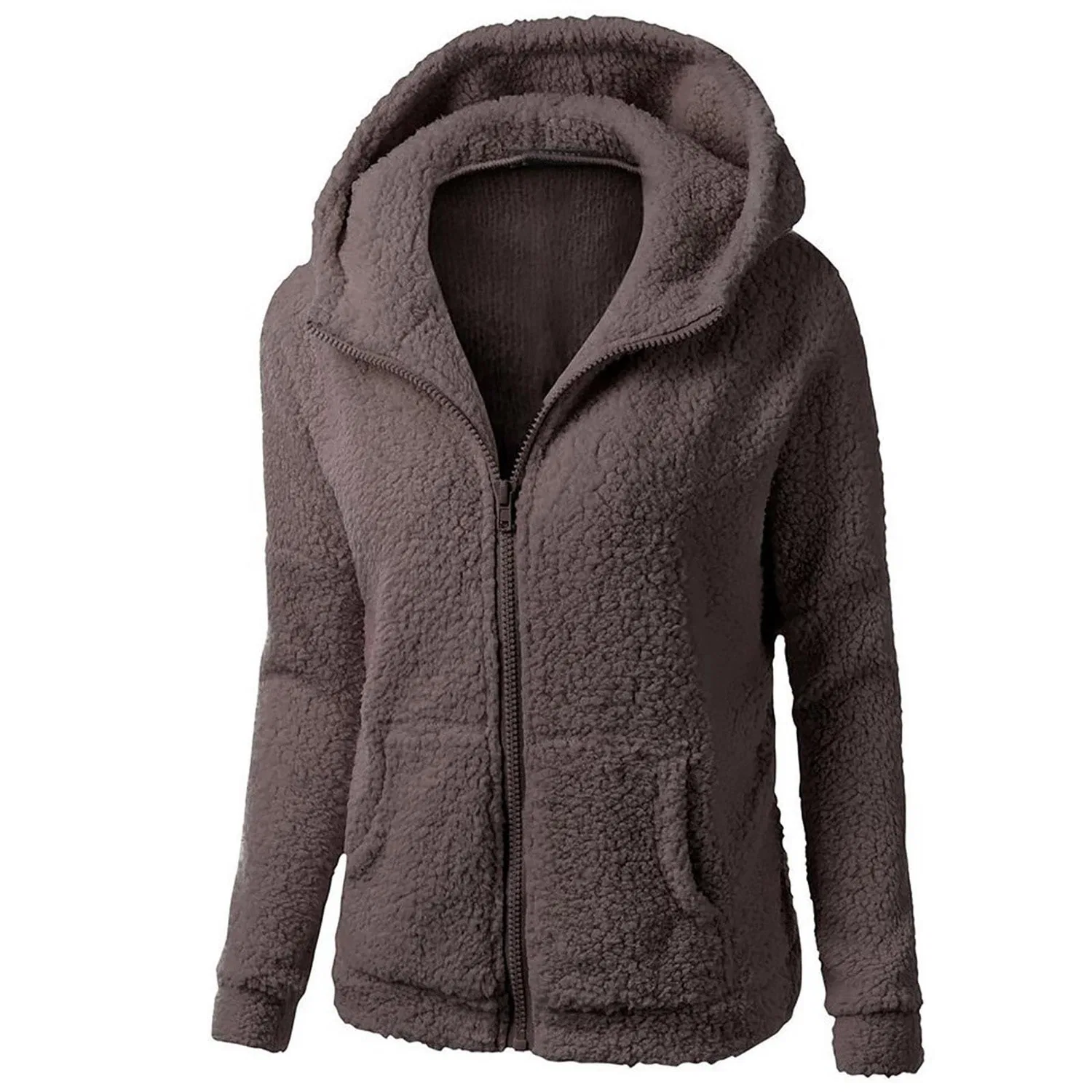 Женское пальто из флиса с молнией и капюшоном, модель Fuzzy Tunic Tops, 01 Caffè
