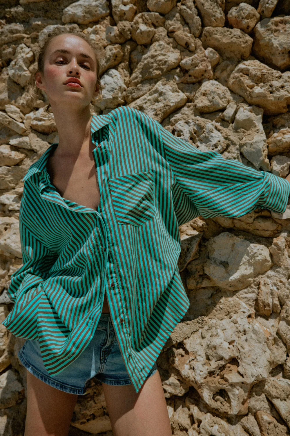 Рубашка в полоску большого размера ZARA, Washed Green — фото 2