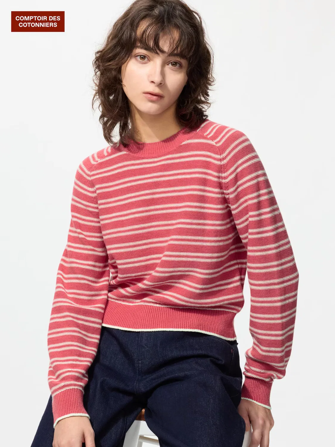Свитер Uniqlo Классический льняной, круглый вырез, красный