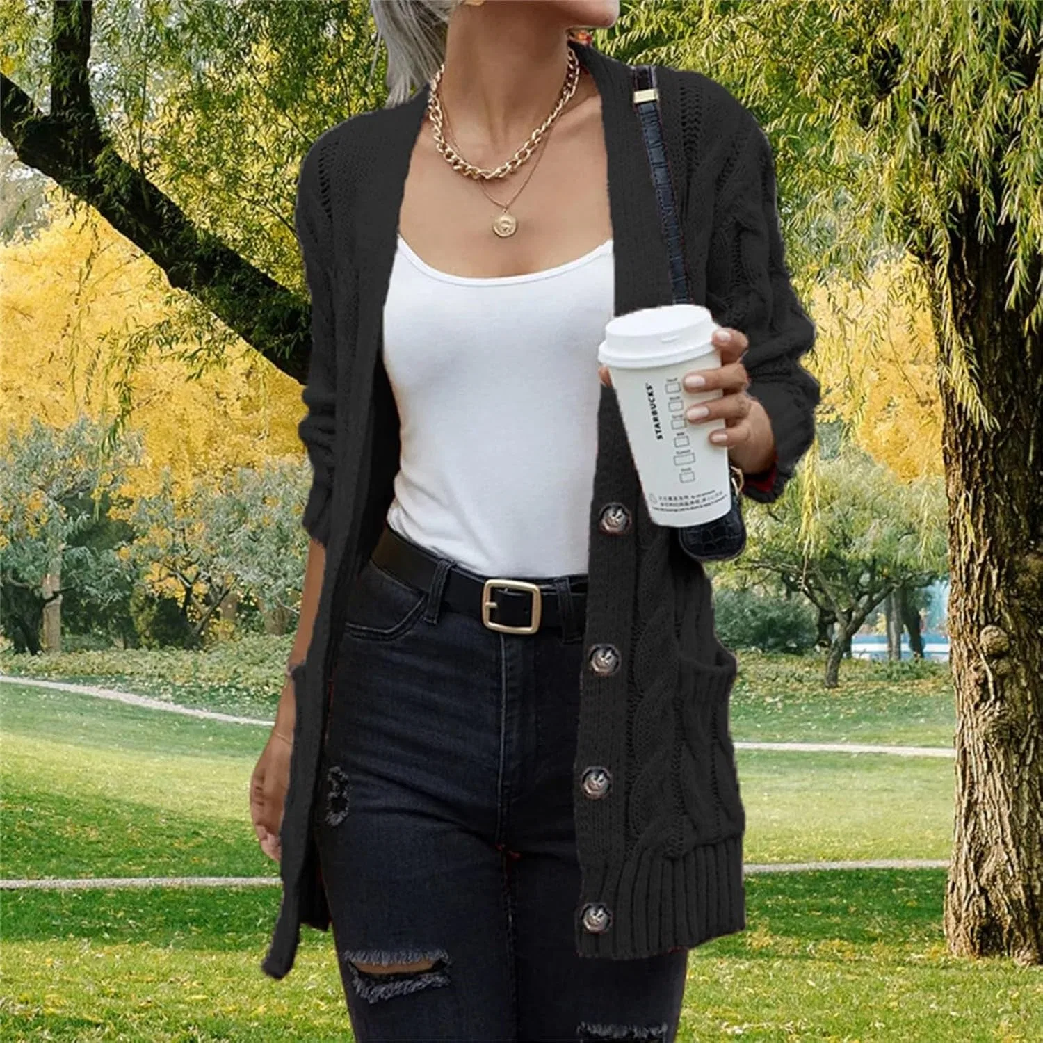 Женский кардиган без застежки с длинным рукавом, модель Open Front, цвет Black — фото 4