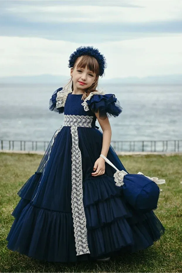 Детское вечернее платье для девочек с принтом Mialora Exclusive By Emel Ebru Özdemir, Navy Blue