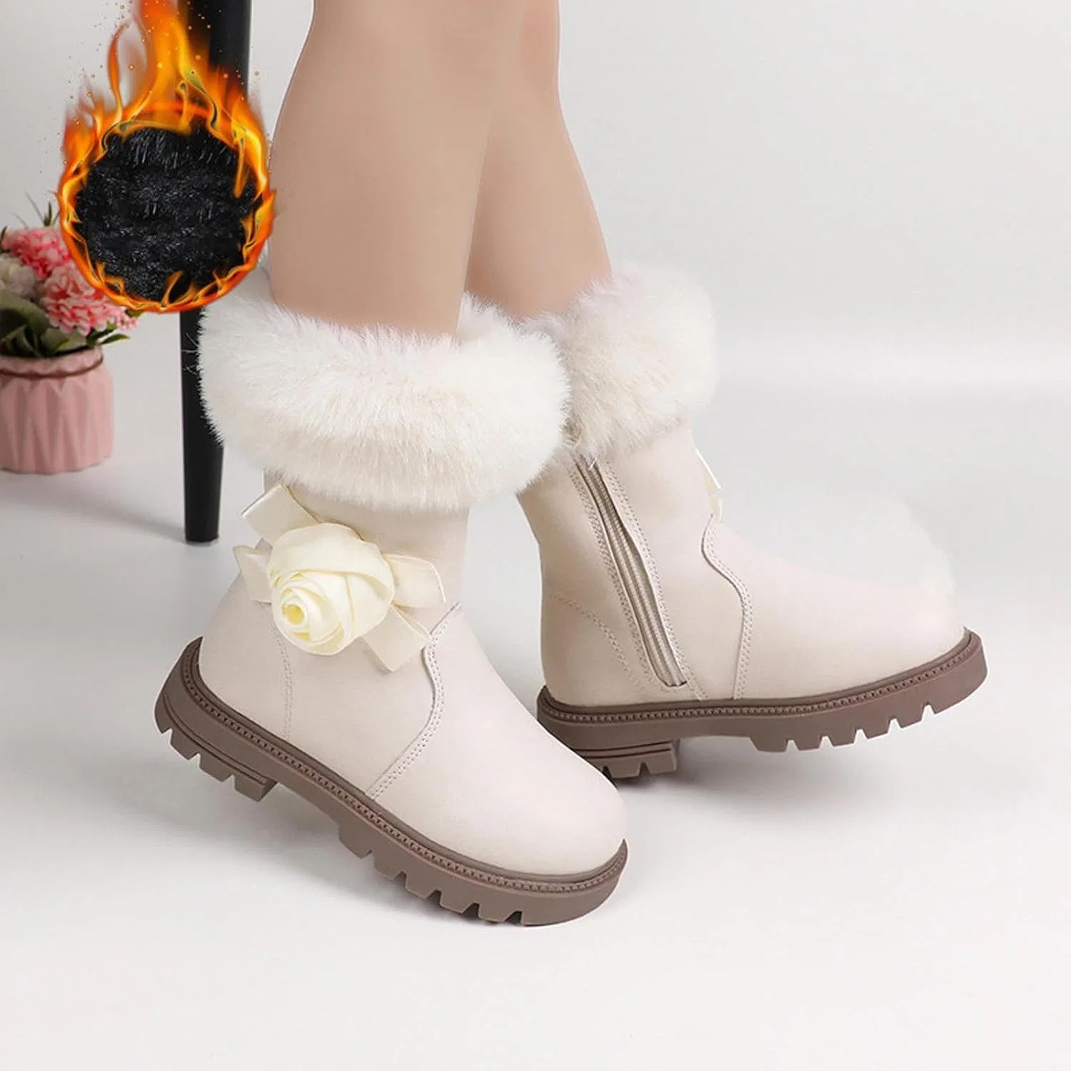 Детские зимние сапоги для девочек с меховой отделкой и бантом, Beige — фото 2