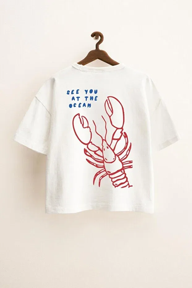 Детская хлопковое футболка с принтом Unisex kids cotton fabric lobster printed t-shirt Monila, Ecru — фото 2