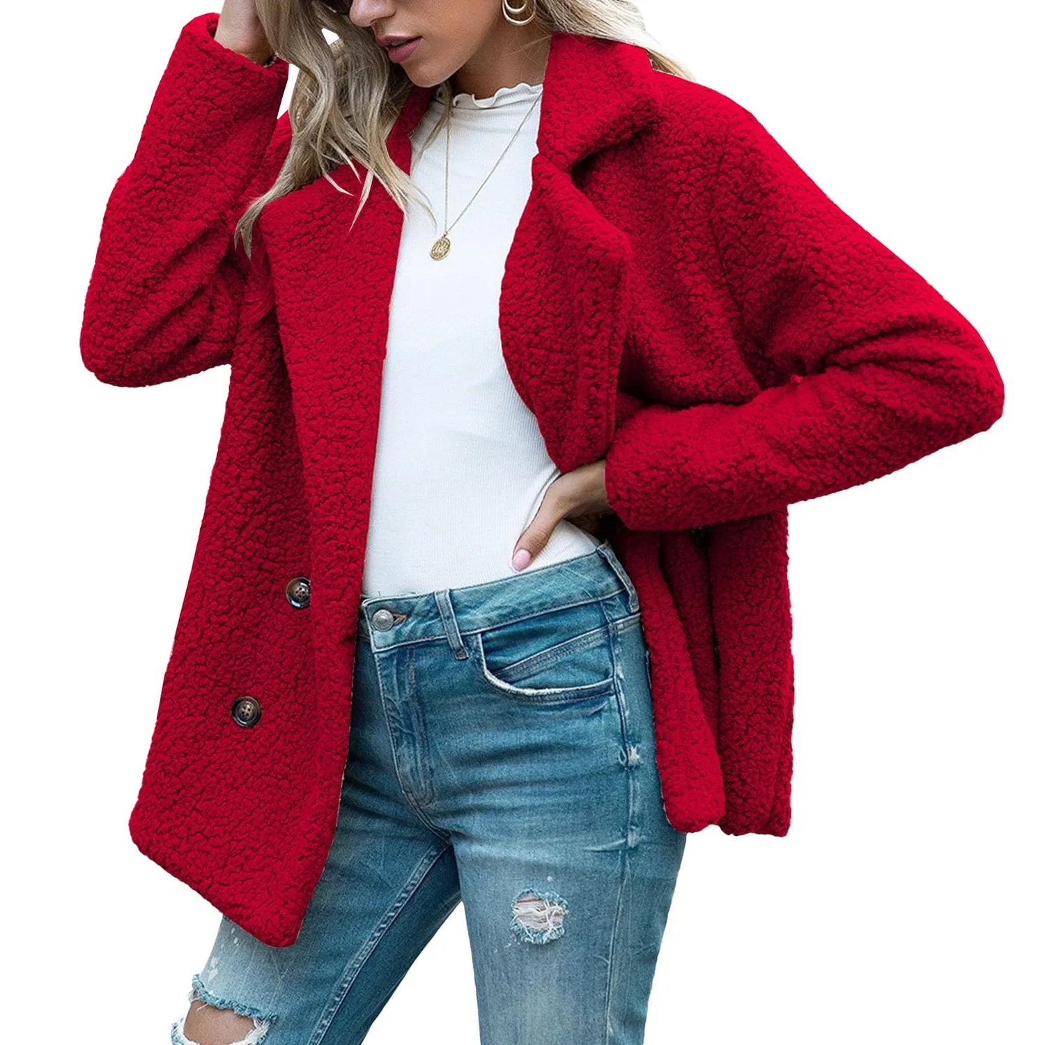 Женское длинное пальто из искусственного меха с принтом, модель Oversized Warm Jacket, Red — фото 3