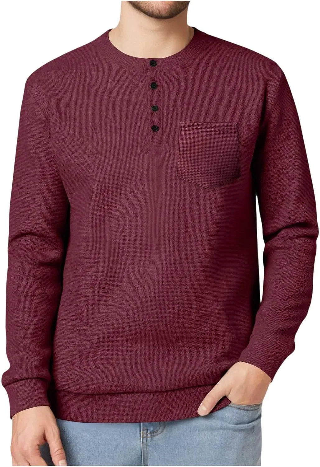 Мужская свободная футболка с воротником-поло Henley Long Sleeve Shirts for Men, Wine