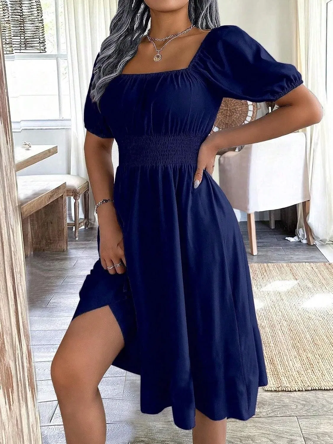 Женское платье с квадратным вырезом A-силуэта Generic, Navy Blue — фото 4