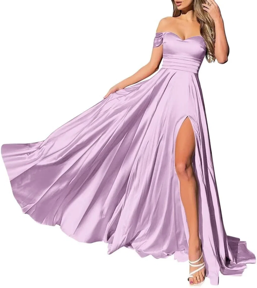 Женское атласное платье с разрезом A-line Off Shoulder MJ024, Lilac