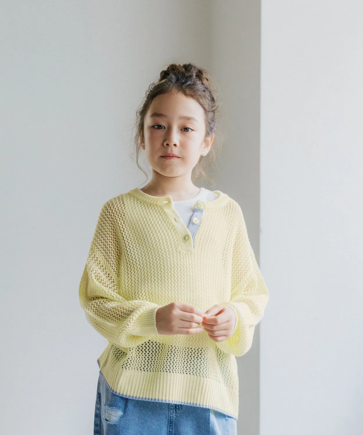 Детский комплект из сетчатого свитера с длинным рукавоми топа GLOBAL WORK, Light Yellow