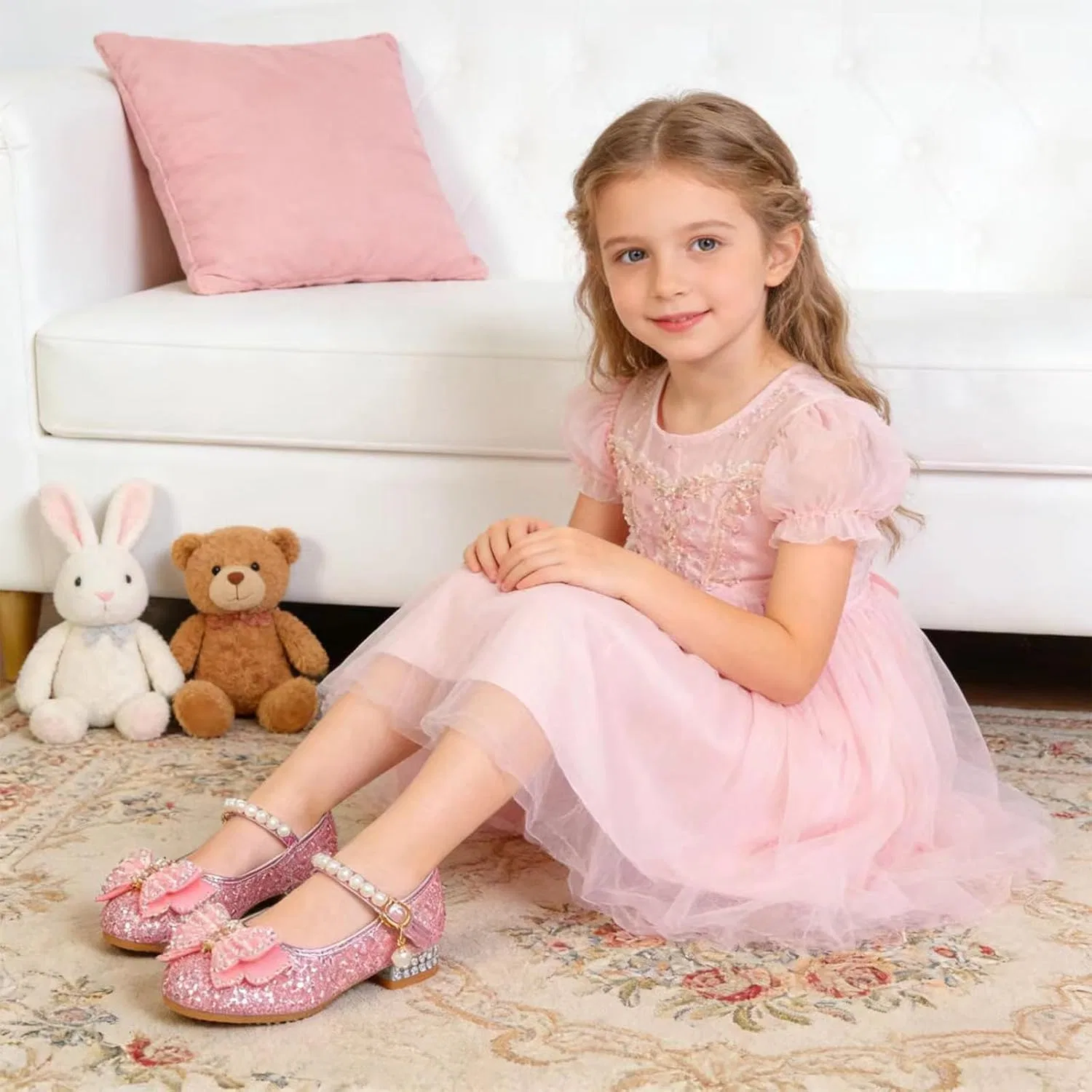 Детские туфли для девочек с принтом Mary Jane Low Heel Glitter Princess Flower Kocipeu, Pink — фото 3
