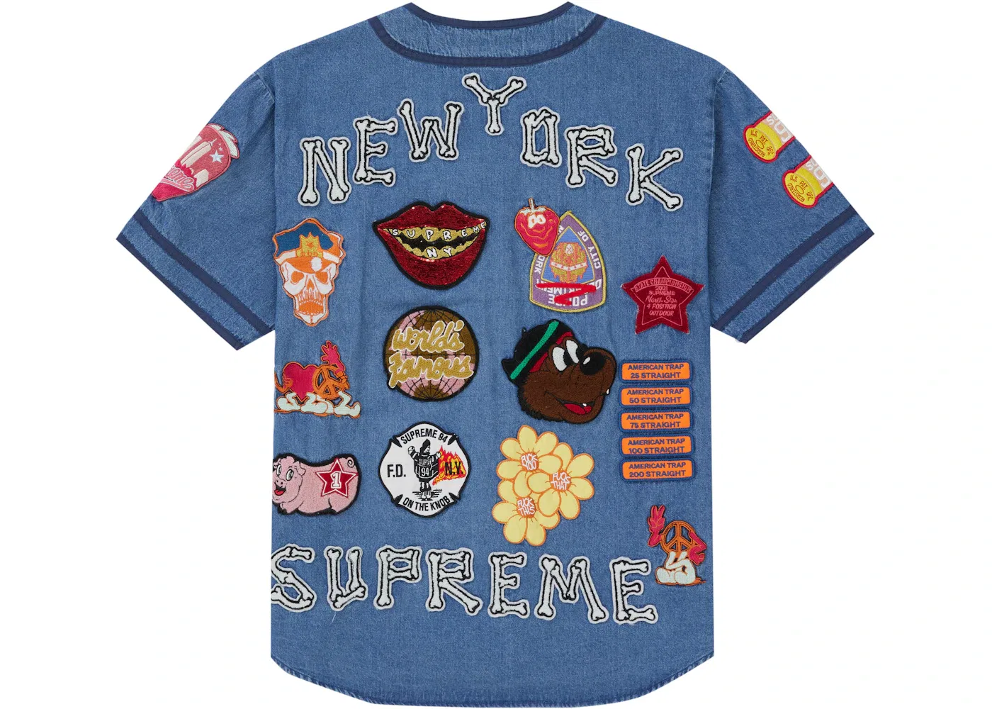 Мужская джинсовая футболка-джерси с патчами Supreme Patches Denim Baseball Jersey, джинсовый