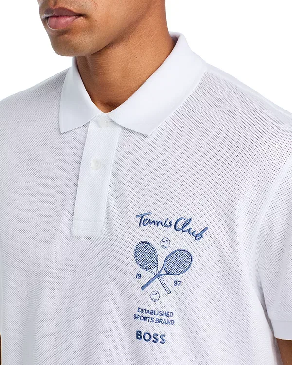 Мужская рубашка поло с принтом Tennis Member Mesh Logo Graphic Polo Shirt Boss, белый — фото 4