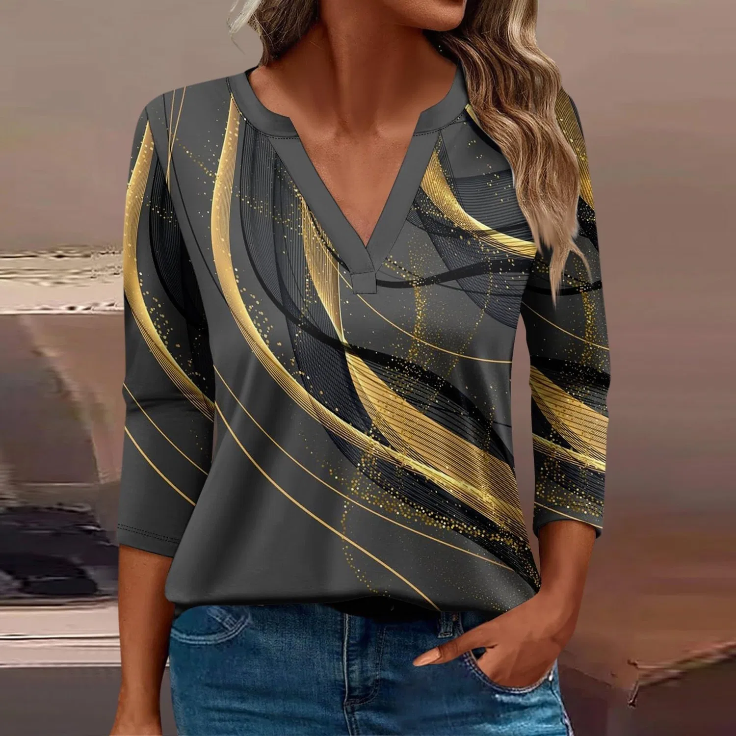 Женская блуза с принтом Women Blouses 3/4 Sleeve V Neck Casual Elegant Summer Boho Floral Print Blouses, 16#oro — фото 2
