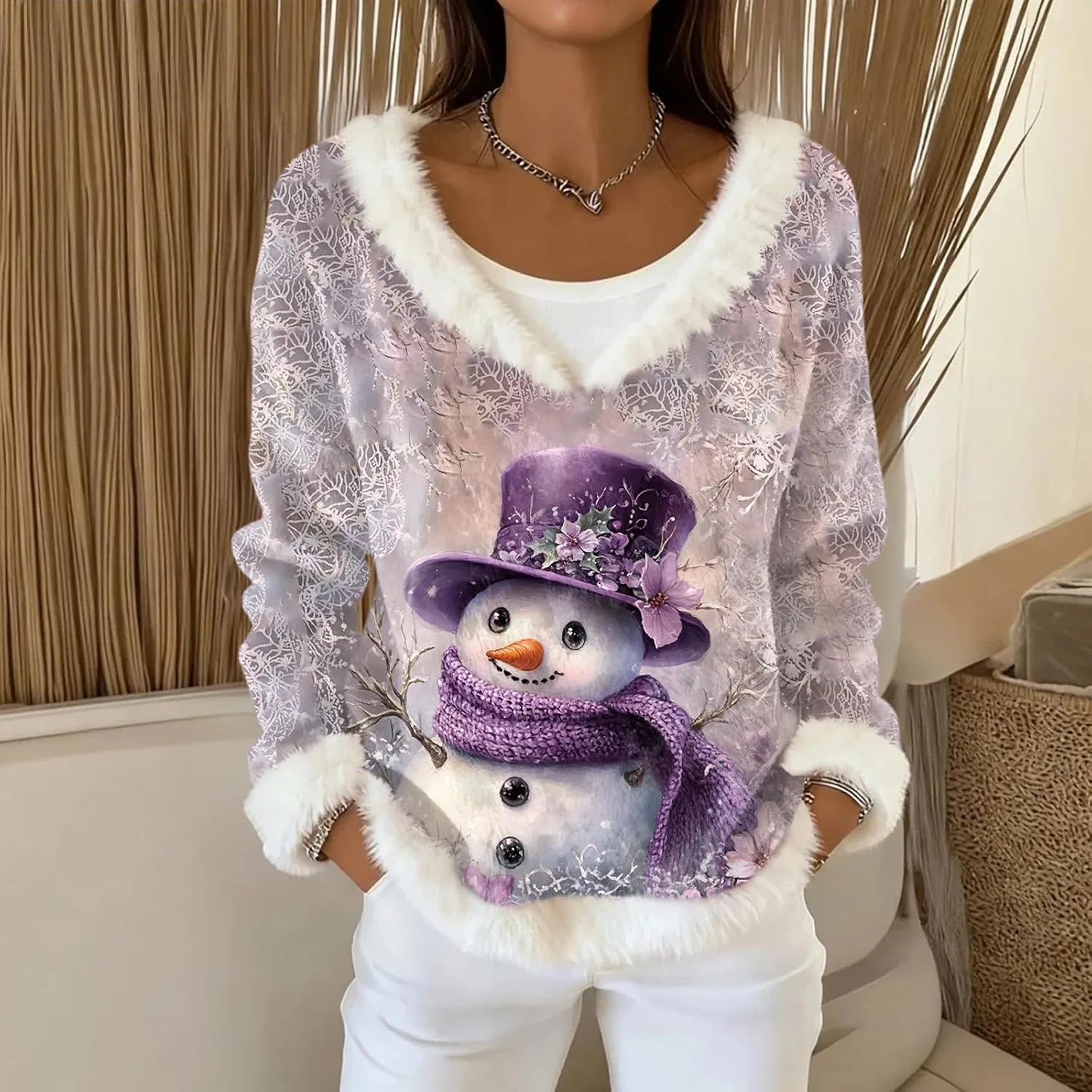 Женский свитшот с длинным рукавом Faux Fur Trim, фиолетовый — фото 2