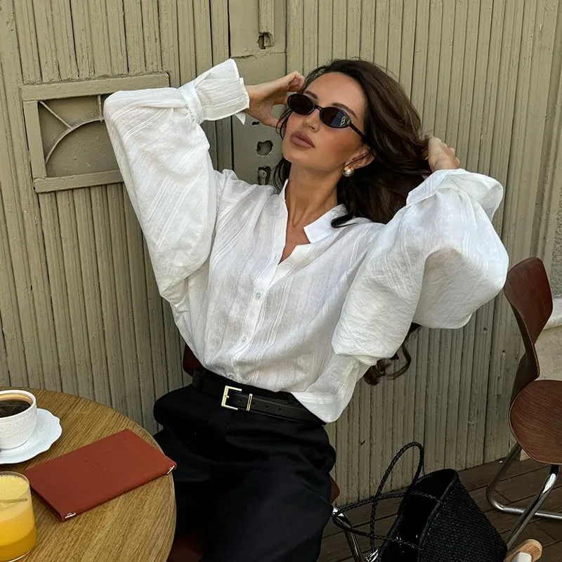 Женская блузка с воротником-стойкой и фонариками, Long Shirt, белый — фото 2