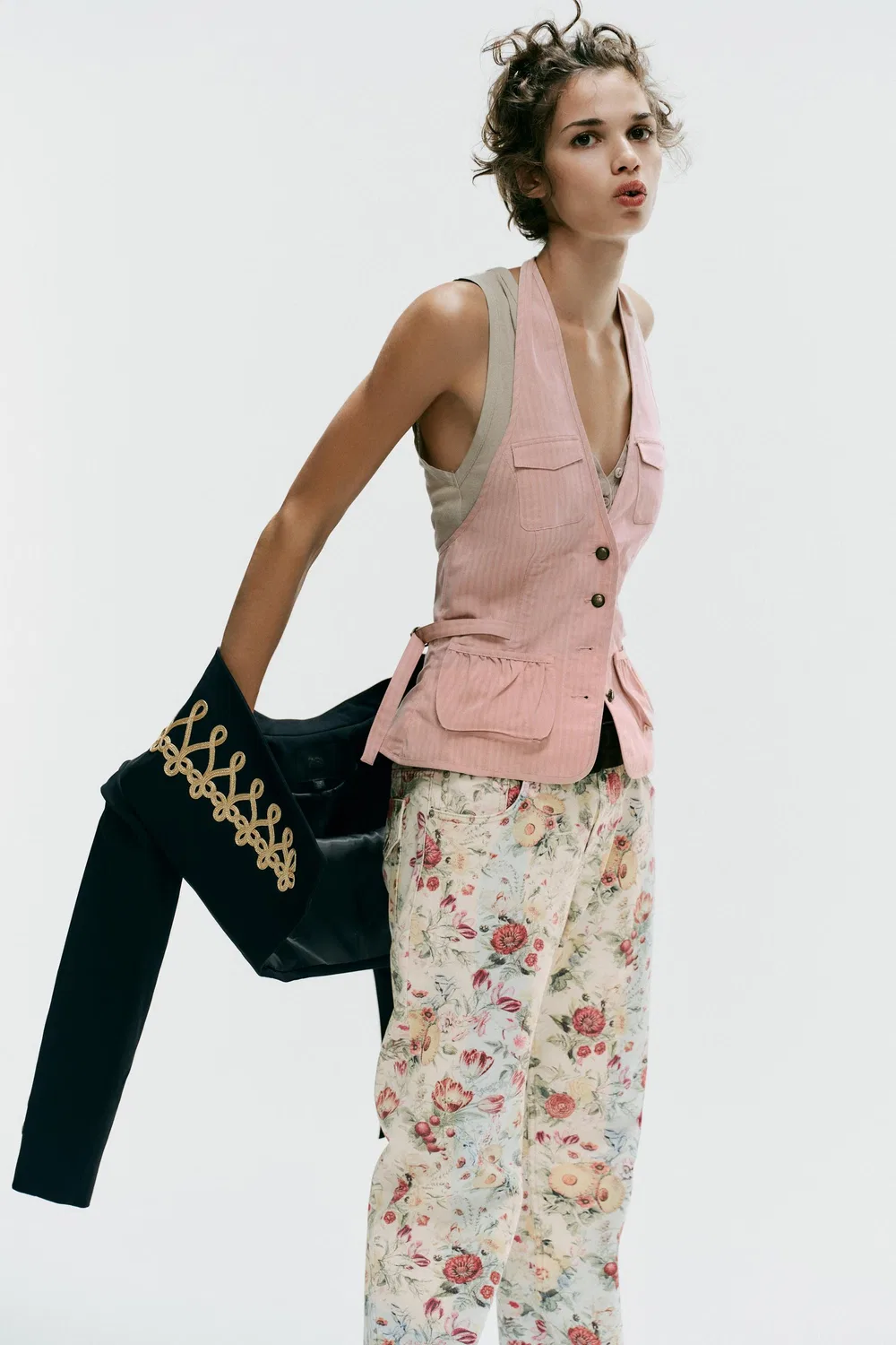 Полосатый топ с завязками на шее и карманами ZARA, Light pink — фото 3