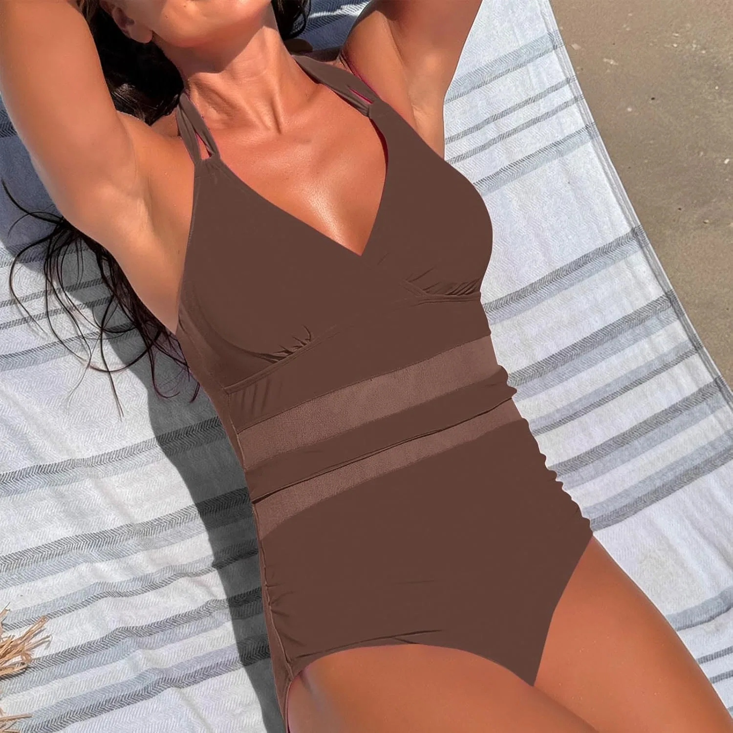 Женский цельный купальник с завышенной талией Push Up, Brown — фото 3