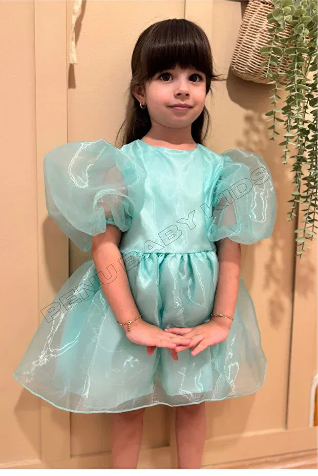 Детское платье для девочек с коротким рукавом Green Shiny Janjan Balloon Sleeve Girl's Dress Penu Baby Kids, Green — фото 3