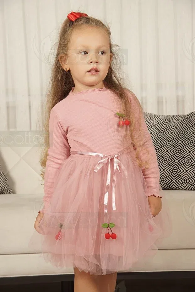 Детское платье для девочек с длинным рукавом Flexible and cherry tulle lined dress Neocotton, Long-Rose