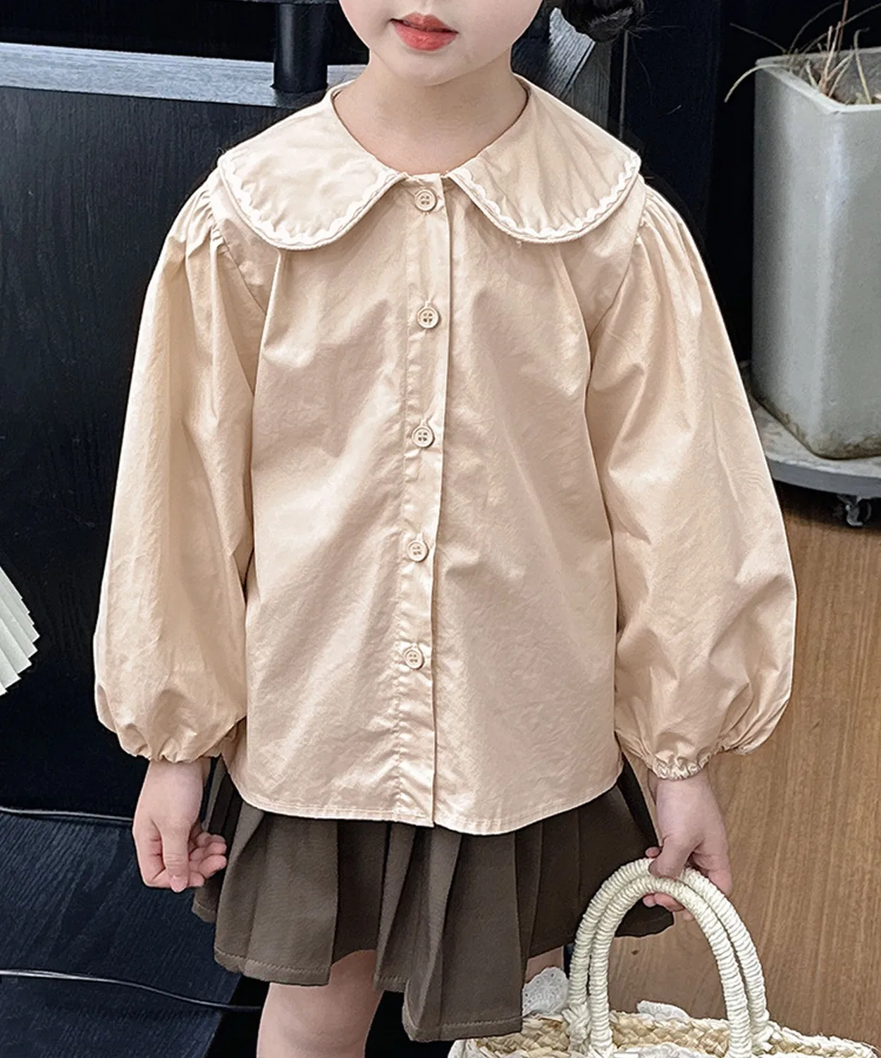 Детская рубашка для девочек с длинным рукавомaimoha, Light Beige