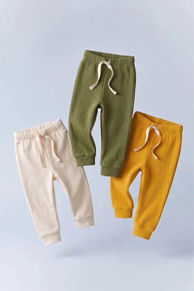Детский комплект брюк из футера 3-Piece camisole ribbed pants leggings set Dolcetots, Cream-Green-Saffron