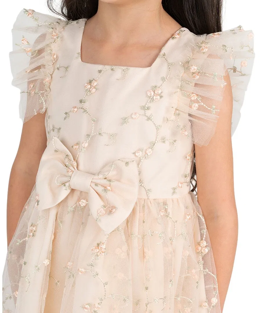 Платье из сетки с вышивкой и рукавами-воланами, модель Embroidered Mesh Flutter Sleeve Dress Rare Editions, Taupe — фото 2