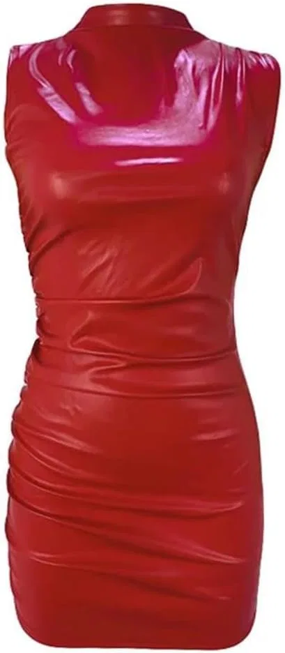 Женское мини-платье без рукавов в складку из PU-кожи Bodycon, Black — фото 4