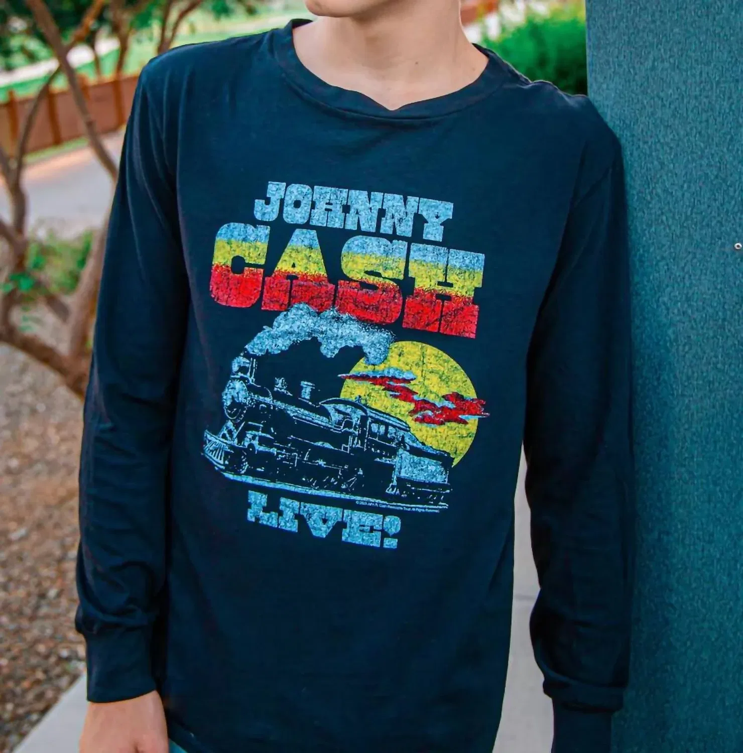 Детский лонгслив с длинным рукавом с принтом Johnny Cash Live ROWDY SPROUT, темно-синий