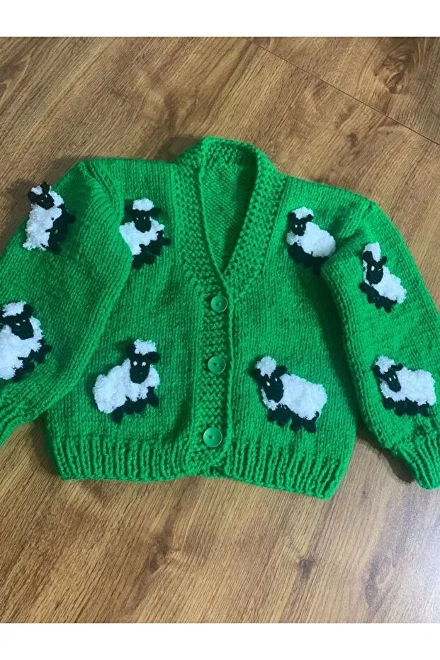 Детский кардиган с принтом Hand knitted green cardigan with lamb El Örgüsü Cici Bebe, Green — фото 3