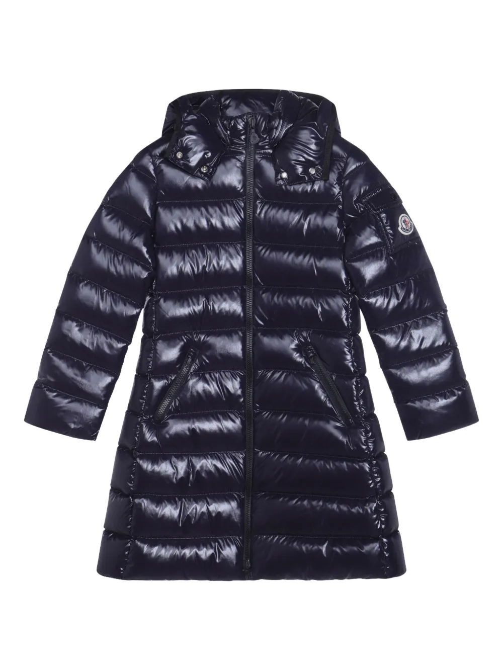 

Стеганый пуховик цвета мокко с капюшоном Moncler Enfant, синий
